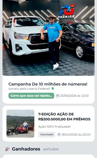 Tela de campanha e ganhadores da plataforma SDS